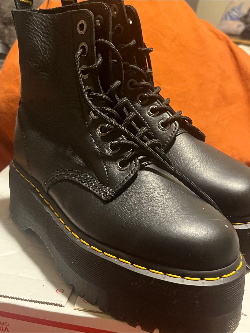 Dr martens Black Double Platform Lace-Up Boots with Yellow Stitching